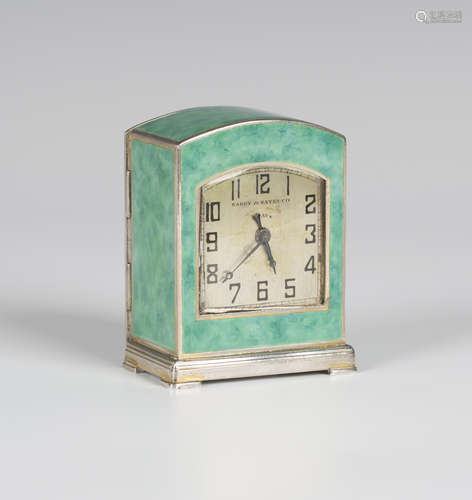 A Continental Art Deco silver and green enamelled bedside timepiece, the Swiss movement with