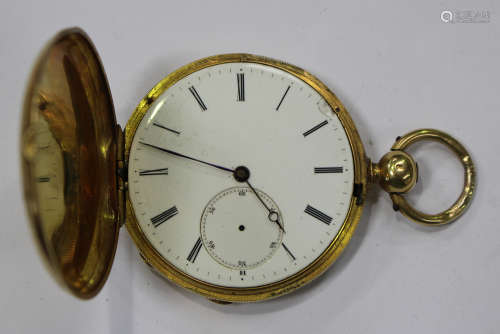 A gold hunting cased keywind gentleman's pocket watch with an unsigned jewelled movement, the case