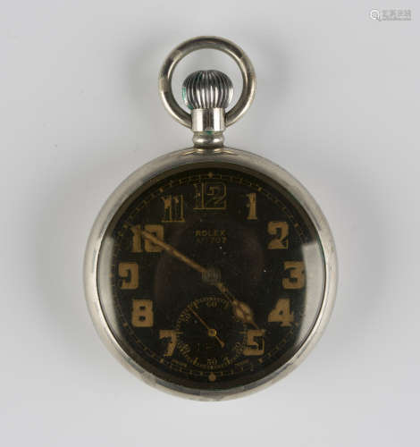 A Rolex MoD issue base metal cased keyless wind open-faced gentleman's pocket watch, the jewelled
