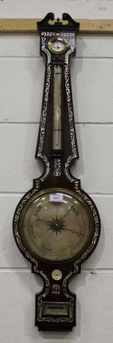 An early Victorian mother-of-pearl inlaid rosewood wheel barometer with silvered dials, mercury