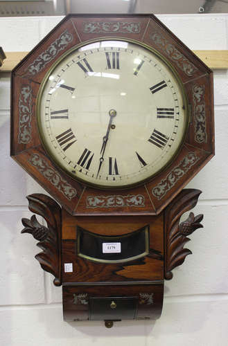 An early Victorian rosewood drop dial wall timepiece with single fusee movement, the painted