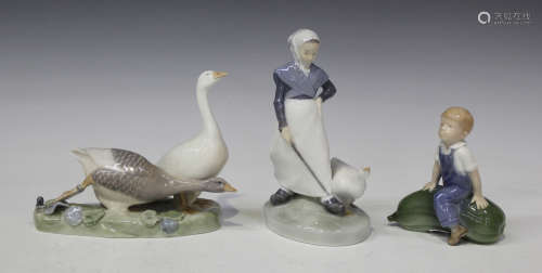 Three Royal Copenhagen porcelain figures, comprising a group of geese, No. 609, designed by Ingeborg