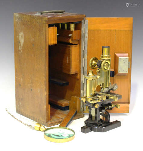 A 20th century lacquered brass and black enamelled microscope, signed 'Carl Zeiss Jena, No 34777',