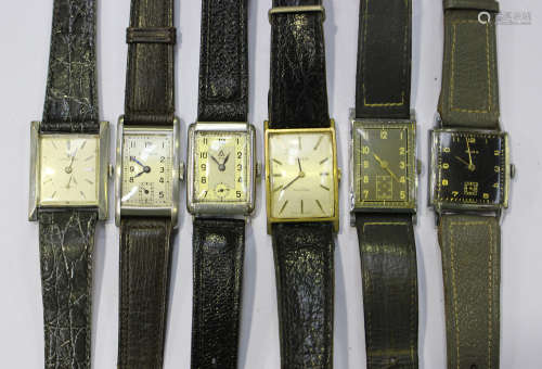 A Wittnauer white gold rectangular cased gentleman's wristwatch, case width 2.3cm, and five mostly