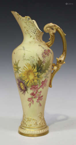 A Royal Worcester blush ivory porcelain Empress ewer, circa 1897, typically decorated with flowers