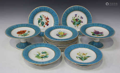 A Staffordshire porcelain part dessert service, late 19th century, comprising twelve plates, a