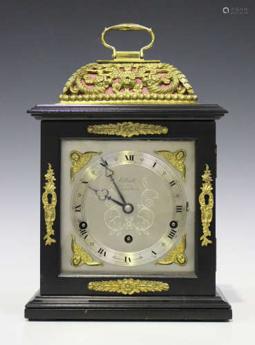 A William & Mary style ebonized table clock, circa 1970s, the eight day movement with platform