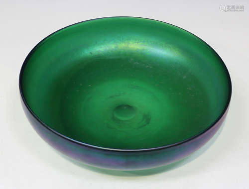 A large iridescent green glass bowl of circular shape, early 20th century, unmarked, diameter 35.