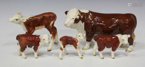 A group of five Beswick models of cows, comprising Polled Hereford Bull, No. 2549A (missing nose