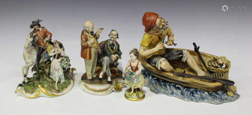 A group of four Capodimonte porcelain figures, 20th century, including a fisherman, a girl holding