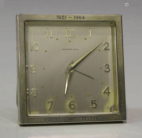 A silver mounted bedside alarm clock, the Swiss jewelled movement with lever escapement, the