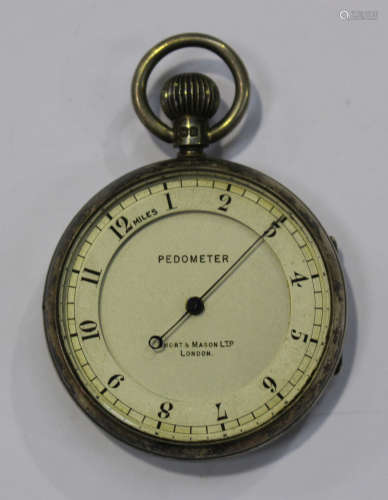 A silver cased pocket pedometer, the silvered dial with black Arabic numerals and detailed '