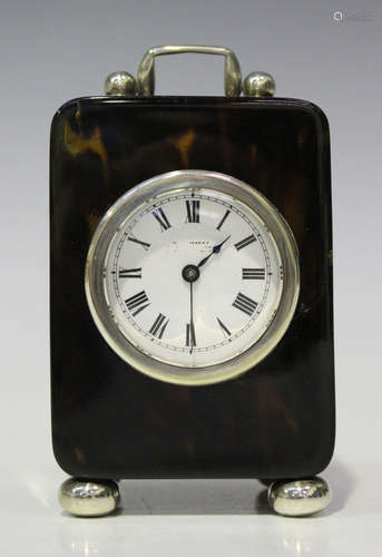 An Edwardian silver mounted tortoiseshell carriage timepiece, the French movement with platform