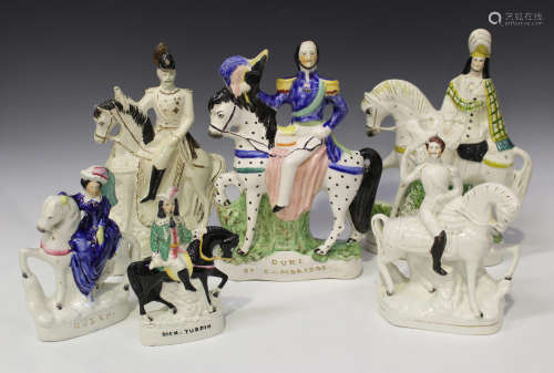 A group of six Staffordshire pottery figures, late 19th century, including examples titled '