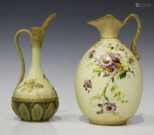 A Doulton Burslem ewer, late 19th century, the slender neck and bulbous body painted with flowers