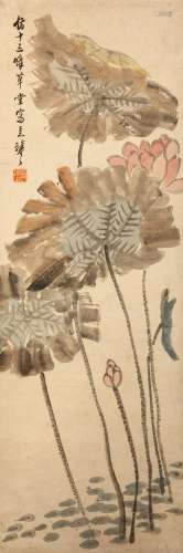 WU QIANZHI   (attributed to, 1799 – 1870) Lotus Flower Chinese ink and colour on paper, hanging scroll paintings signed Qianzhi, with one seal of the artist 100 x 33cm. Provenance: London private collection. 吳謙之（傳）   荷花