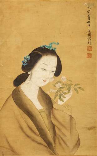 GAI QI   (attributed to, 1773 – 1828) Lady Chinese ink and colour on paper, hanging scroll painting signed Gai Qi, dated yihai (1815), with two seals of the artist 50 x 31cm. 改琦（傳）   仕女圖 設色紙本   立軸 款識：乙亥七月七日  七薌改琦 鈐印：「琦印」「伯韞」