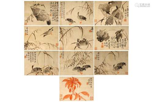 BIAN SHOUMIN   (attributed to, 1684 – 1752) Geese and Sea Creatures Chinese ink on paper, album of paintings, blue silk box signed Bian Shoumin, dated Qianlong guihai (1743), with twelve seals of the artist and nine collectors’ seals 36 x 26cm.