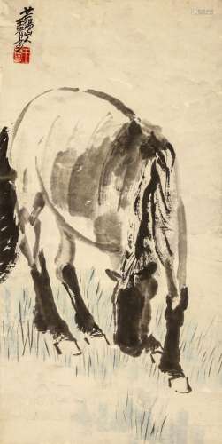 WANG QINGFANG   (attributed to, 1900 – 1956) Horse Drinking Chinese ink and colour on paper, hanging scroll painting signed Wang Qingfang, with one seal of the artist 69.5 x 34.5cm. Provenance: London private collection. 王青芳（傳）