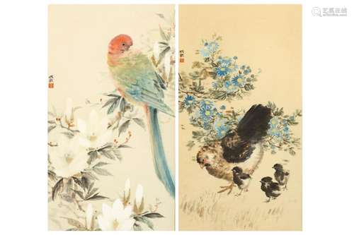 FEI CHENGWU   (1914 – 2001) Bird and Flowers Chinese ink and colour on paper, two framed works painting each signed Chengwu, with one seal of the artist 34 x 64cm; 55 x 31cm. (2) 費成武   花鳥 設色紙本   玻璃鏡框 款識：成武 鈐印：「費」