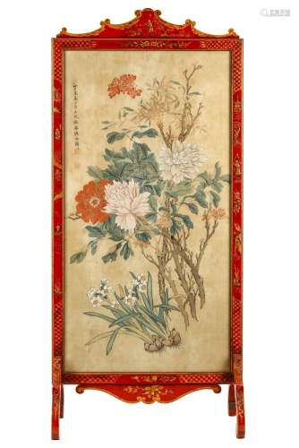 ZHANG ZHAOXIANG   (1874 – 1922) Peonies and Narcissus Flowers Chinese ink and colour on silk, painting mounted within a lacquer screen signed Zhang Zhaoxiang and cylindrically dated Dingmo (1907) 52 x 10cm. 張兆祥   牡丹水仙圖