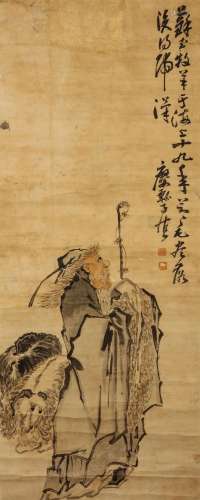 HUANG SHEN   (follower of, 1687 – 1772) Shepherd Chinese ink and colour on paper, hanging scroll painting signed Zishen, with two seals of the artist 99 x 39.5cm. Provenance: London private collection. 黃慎（傳）   蘇武牧羊
