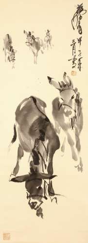 HUANG ZHOU (attributed to, 1925 – 1997) Donkeys Chinese ink on paper, hanging scroll painting signed Huang Zhou, dated jiazi (1984) 89 x 33cm. 黃胄（傳）   五驢圖 水墨紙本 立軸 款識：黃胄甲子年三月寫 鈐印：「黄胄之印」「映斋画印」