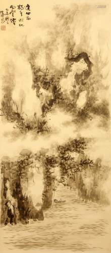 JIANG ESHI   (1913 – 1972) Landscape ink on paper, hanging scroll signed Qingshuang, dated Yiwei (1955) 87.5 x 38cm. Provenance: Singaporean Private Collection formed in London in the 1970s and 1980s. 蔣諤士   山水圖 水墨紙本