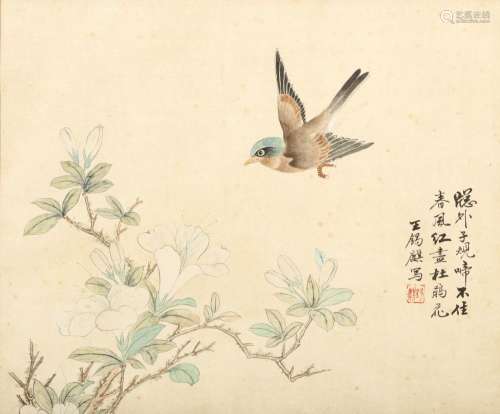 WANG XIQI   (1938 –) Bird and Flowers Chinese ink and colour on paper, framed painting signed Wang Xiqi, with one seal of the artist 29 x 35cm. 王錫麒   花鳥圖 設色紙本   玻璃鏡框 款識：牕外子規啼不住 春風紅花杜鵑花 王錫麒寫 鈐印：「錫麒」