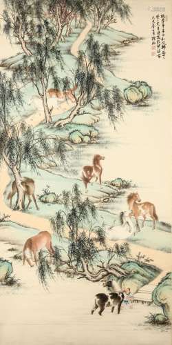 YIN ZIXIANG   (1909 – 1984) Horses in a Landscape Chinese ink and colour on paper, hanging scroll painting signed Zixiang, dated yiwei (1979), with three seals of artist 136.5 x 38cm. 殷梓湘   駿馬山水圖 設色紙本   立軸