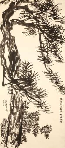 HU PEIHENG   (1892 – 1965) Chrysanthemum and Pines Chinese ink on paper, hanging scroll painting signed Hu Peiheng with a dedication to Wang Shensheng (1896 - 1972) 102 x 46cm. 胡佩衡   菊松圖 水墨紙本   立軸 款識：「德沃爾斯基教授」「胡佩衡敬贈」「佩衡寫松」「汪慎生補菊花」