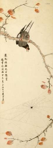 ZHAO SHIDAN   (1912 – 1980) Bird and Spider Chinese ink and colour on paper, framed painting seal of the artist, dated jiachen (1964) 84 x 30cm. 趙是旦   蟲鳥圖 設色紙本   玻璃鏡框 款識：戴斯德輔政司雅賞  趙聿修敬貽 甲辰夏至後十日是旦畫 鈐印：「趙是旦」