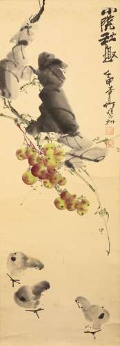 ZHANG XIAOCUN   (1967 –) Birds Below Fruit Chinese ink and colour on paper, hanging scroll painting signed Zhang Xiaocun, with two seals of the artist 88 x 31cm. 张小村   鳥戲葡萄圖 設色紙本   立軸 款識：小院秋趣壬申杏月作 張小村 鈐印：「張小村」「守素軒」