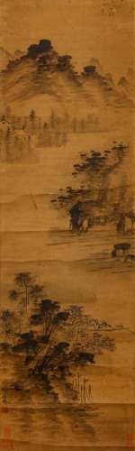 GAO QIPEI   (follower of, 1660 – 1734) Landscape Chinese ink on paper, hanging scroll painting signed Qieyuan, with several seals 104.5 x 31.5cm. Provenance: London private collection. 高其佩（傳）   且園 水墨紙本   立軸