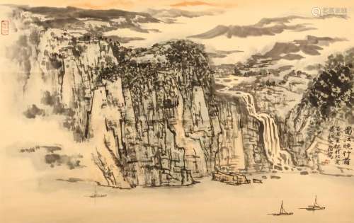 SONG WENZHI   (1919 – 1999) Watery Landscape Chinese ink and colour on paper, hanging scroll painting signed Wenzhi, with three seals of the artist 44 x 70cm. 宋文治   山水圖 設色紙本   立軸 款識：蜀江曉行圖 乙醜金秋於北京 婁江文治寫 鈐印：「文治」「宋灝之印」「八十年代」