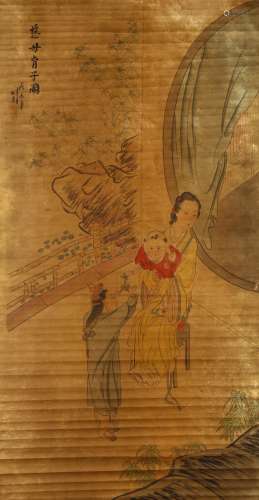 QIU YING   (follower of, 1494 – 1552) Lady Chinese ink and colour on paper, hanging scroll painting 126 x 65cm. 仇英（傳）   仕女圖 款識：慈母育子圖 戊辰年 春月 仇英 鈐印：「□□□□」「十州」