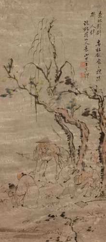 WANG SU（1794 – 1877） Landscape Chinese ink and colour on paper, hanging scroll painting signed Wang Su, with two seals of the artist 43 x 95cm. 王素   山水 設色紙本   立軸 款識：桑拓影斜春社散 家家扶得醉人歸 法新羅山人意 小某王素 時年八十有二 鈐印：「王素印信」「小某畫印」