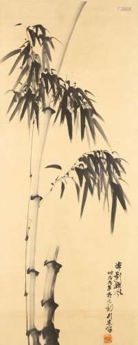 LIU JIANYU   (1964 –) A bamboo painting Chinese ink on paper, framed painting 92 x 38cm. 劉建峰   竹子圖 水墨紙本   玻璃鏡框 款識：清影撞風 時戊戌年於九龍劉建峰   鈐印：「建峰」 簽條：墨竹   鈐印：「化都画厂」