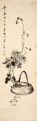 WU DEYI    (attributed to, 1864 – 1927) Chrysanthemums and Tea Chinese ink on paper, hanging scroll painting signed, with one seal of the artist 99 x 30cm. Provenance: London private collection. 伍德彜（傳）  茶菊圖 水墨紙本