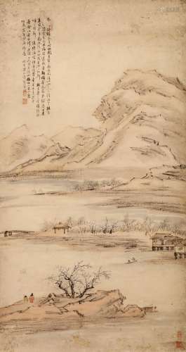 LIANG YUWEI   (1840 – 1912) Landscape Chinese ink and colour on paper, hanging scroll painting signed Yuwei, with five seals 84 x 94cm. 梁于渭   山水 設色紙本   立軸 款識：冬□睡梅花 有村水向青帘扁舟问渡