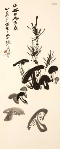 ZHANG DAQIAN   (1899 – 1983) Mushrooms Chinese ink on paper, hanging scroll painting signed Zhang Daqian, with one seal of the artist, 80 x 33cm. 張大千   蘑菇圖 水墨紙本   立軸 款識：佑之仁兄法敬 乙巳四月佛生日大千張爰 鈐印：「張大千長興大吉又日利」