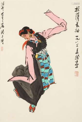 YE QIANYU   (1907 – 1995) Dancer Chinese ink and colour on paper, framed painting signed Qianyu, with two seals of the artist 68 x 45cm. 葉淺予   舞者 設色紙本   玻璃鏡框 款識：拉薩長袖 壹九八五年夏 淺予寫  治平先生之囑 淺予贈 鈐印：「淺予」「淺予」