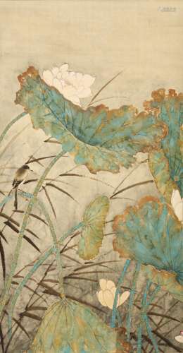 GAO JIANFU   (attributed to, 1879 – 1951) Lotus Pond Chinese ink and colour on paper, eight hanging scroll paintings signed Jianfu with four seals of the artist each scroll 117 x 55cm. (8) 高剑父（傳）   荷塘圖八幅 設色紙本