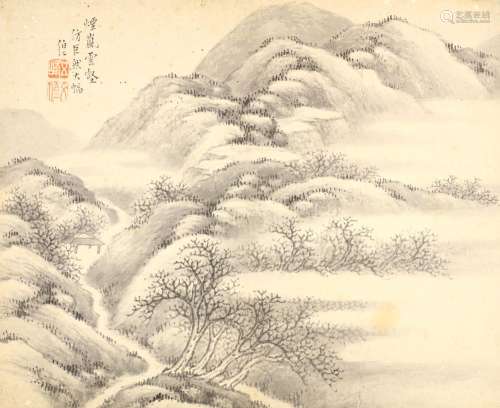 WEN BOREN         (follower of, 1502 – 1575) Landscape Chinese ink on paper, album leaf painting 26 x 31.5cm. Provenance: Collection of Brian Morgan (1930 – 2018), formally a director of Bluetts. 文伯仁（傳）   山水