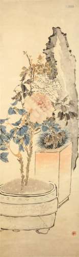 REN XUN   (follower of, 1835 – 1893) Flowers and Rocks Chinese ink and colour on paper, hanging scroll painting 123 x 38.5cm. Provenance: London private collection. 任薰（傳）   牡丹 設色紙本   立軸 鈐印：「任薰印」 簽條：任阜長花卉