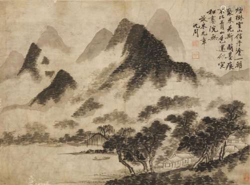 SHEN ZHOU   (1427 – 1509) Landscape Chinese ink on paper, framed painting 56 x 71cm. Provenance: Gulbenkian Durham museum [label]. The Gulbenkian Museum is an important collection of Chinese art within the UK. Museum records confirm that the