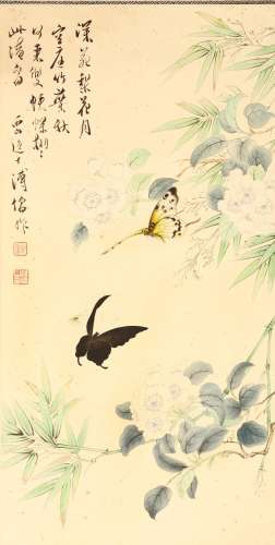 PU RU (attributed to, 1896 – 1963) Butterflies Chinese ink and colour on paper, hanging scroll painting signed Pu Ru, with two seals of the artist 63 x 31cm. 溥儒（傳）   蝴蝶 設色紙本   立軸 款識：深苑梨花月，空庭竹葉秋。何來雙蛺蝶，栩栩此淹留。 鈐印：「心畬」「溥儒之印」
