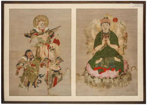 ANONYMOUS Buddhist Scenes Korean ink and colour on paper, two fragments, framed paintings each 60 x 43cm. 佚名   佛教題材繪畫 設色紙本   玻璃鏡框