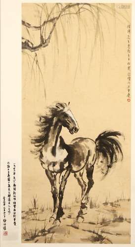 XU BEIHONG   (1895 – 1953) Chinese ink on paper, hanging scroll painting 105 x 48cm. signed Beihong, with one seal of the artist, with an inscription and seal by Xu Boyang (1927 –) 徐悲鸿   駿馬圖 水墨紙本   立軸