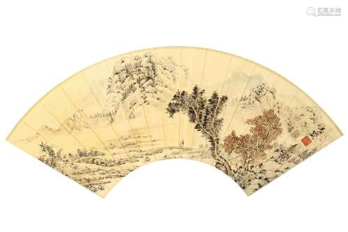 WU HUFAN   (1894 – 1968) Landscape Chinese ink and colour on paper, fan leaf painting 52 x 17cm 吳湖帆   山水圖 設色紙本   扇面 款識：吳湖帆 鈐印：「倩庵」
